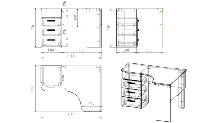 Стол угловой Гранд с 3 ящиками (ширина 1160 мм) от Династия Kids