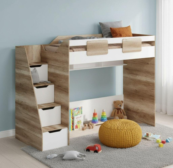 Кровать-чердак коллекции Лайт Лофт 190х90 (дуб каньон + белый)