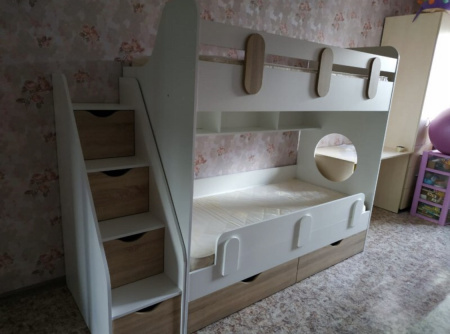 Двухъярусная кровать Фортуна (левая) Белый+ фасады дуб сонома 180х80  от Династия Kids