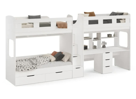 Кровать 3-х ярусная Квартет + стол для 2 детей (цвет белый) от Династия Kids