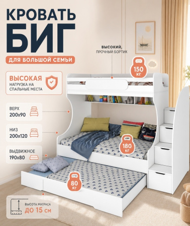 Кровать БИГ 200х120 (дуб золотистый + белый)  от Династия Kids