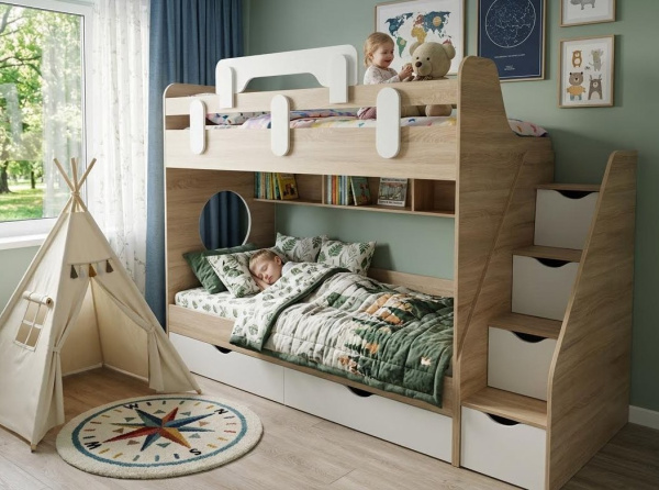 Кровать 2-х ярусная Фортуна (дуб сонома + белый) 