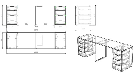 Комплект для 2 школьников: стол Дуэт 2200 мм + настенные полки Квадрат-2 (2 шт) от Династия Kids