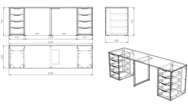 Стол Дуэт 2200 мм (две тумбы) дуб каньон+белый. Опора черная от Династия Kids