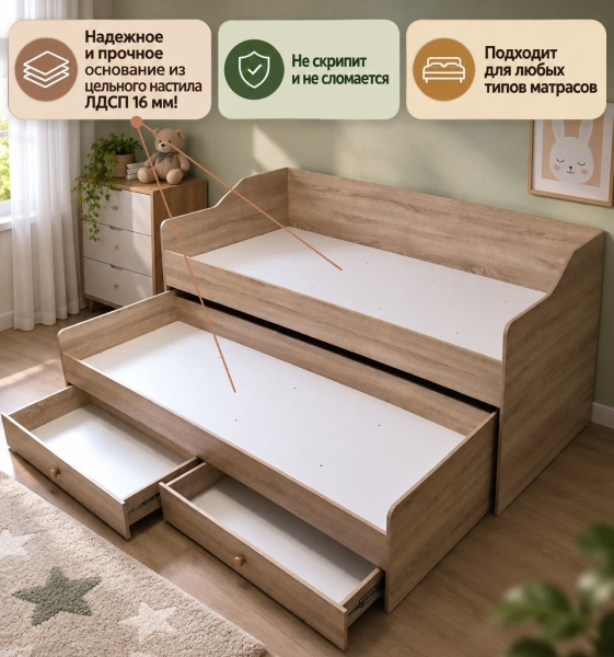 Кровать 2-х ярусная выдвижная Портал 200х90 (дуб сонома) от Династия Kids