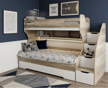 Кровать двухъярусная Биг 120х200 (дуб каньон + белый)  от Династия Kids