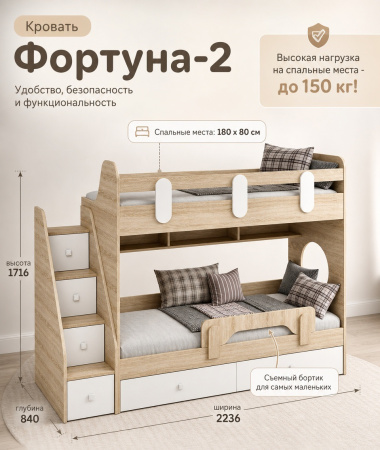 Кровать двухъярусная 180х80 Фортуна-2 (дуб сонома + белый)  от Династия Kids