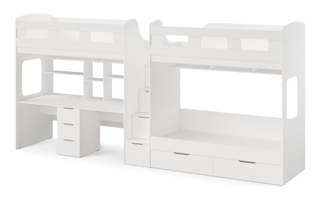 Кровать 3-х ярусная Квартет + стол для 2 детей (цвет белый) от Династия Kids