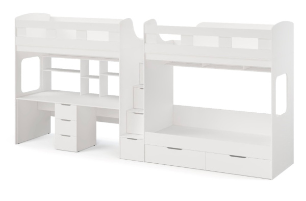 Кровать 3-х ярусная Квартет + стол для 2 детей (цвет белый) от Династия Kids