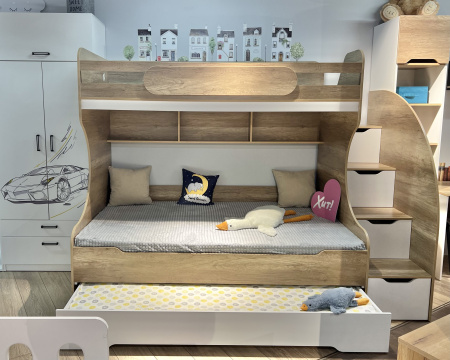 Кровать БИГ 120х200 с доп.спальным местом (дуб каньон + белый) от Династия Kids