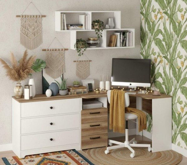 Рабочая зона для школьника: угловой стол + комод + полка