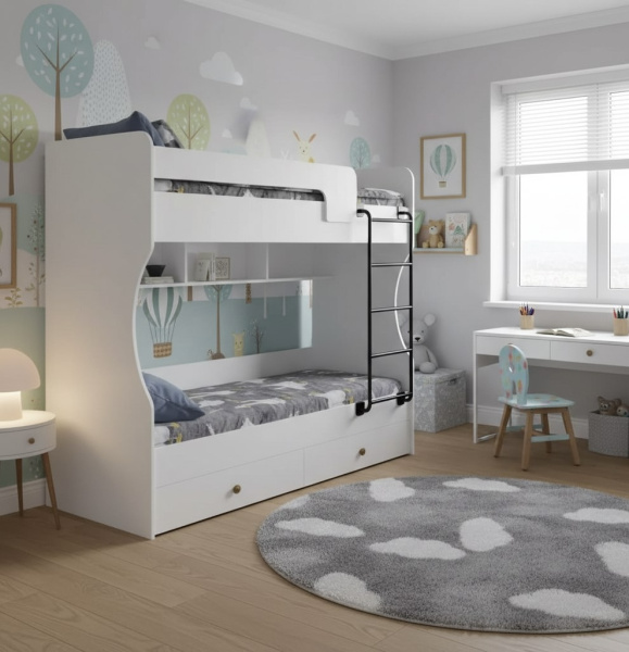 Кровать 2-х ярусная Омега (цвет белый + лестница черная) 190х80 от Династия Kids