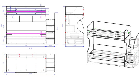 Двухъярусная кровать БИГ (левая). Дуб сонома+белый 90х200 от Династия Kids